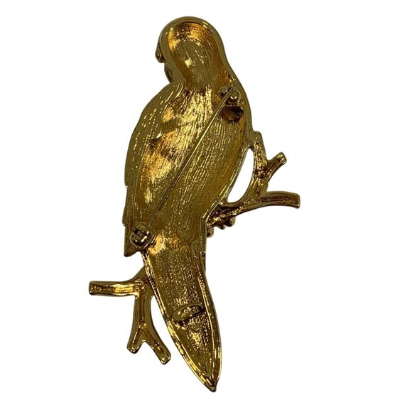 Majestic Gold-Tone Parrot Brooch Green Enamel w/ Rhinestones Signed Avon VTG - Picture 2 of 3